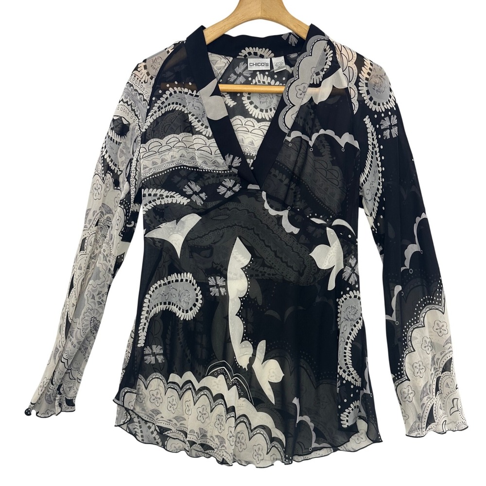Chicos Black White Paisley Print Silk Sheer Long Sleeve Wrap Top Blouse Size 1